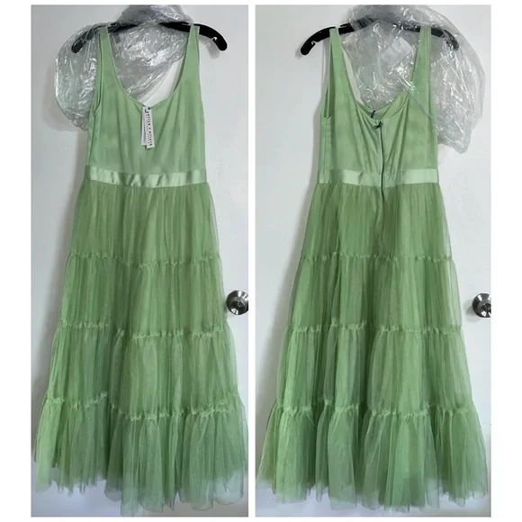 Alice + Olivia Chara Scoop Neck Green Tulle Midi Dress - Picture 7 of 16